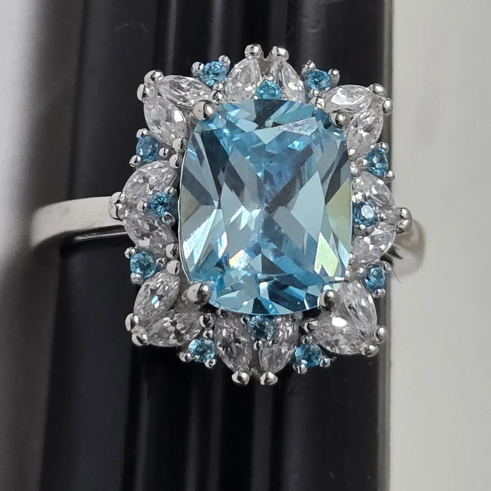 Sterling Silver 925 Blue Topaz Silver Halo Ring